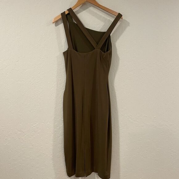 ~ Lauren Ralph Lauren 8 Cocktail Dress LRL Lined Midi Stretch Olive Asymmetrical - Picture 6 of 16